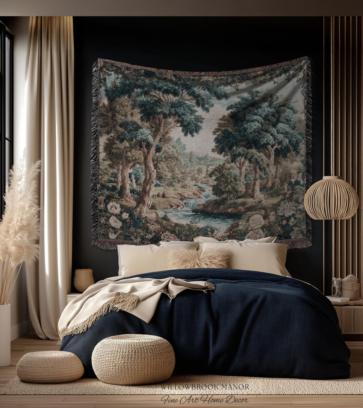 Classical European French Pastoral Scenery Aubusson Verdure Woven Tapestry Art | Floral Forest River Valley Landscape Antique Style Decor