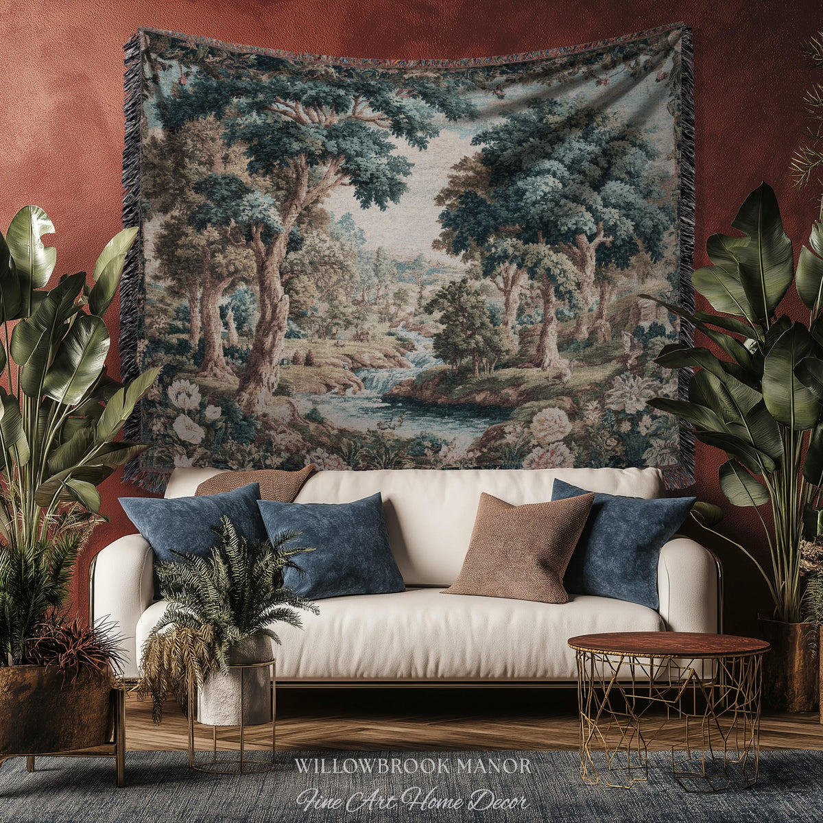 Classical European French Pastoral Scenery Aubusson Verdure Woven Tapestry Art | Floral Forest River Valley Landscape Antique Style Decor