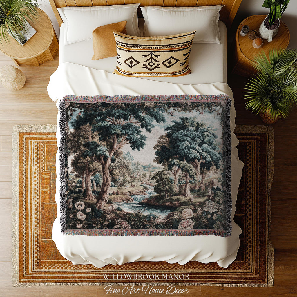 Classical European French Pastoral Scenery Aubusson Verdure Woven Tapestry Art | Floral Forest River Valley Landscape Antique Style Decor