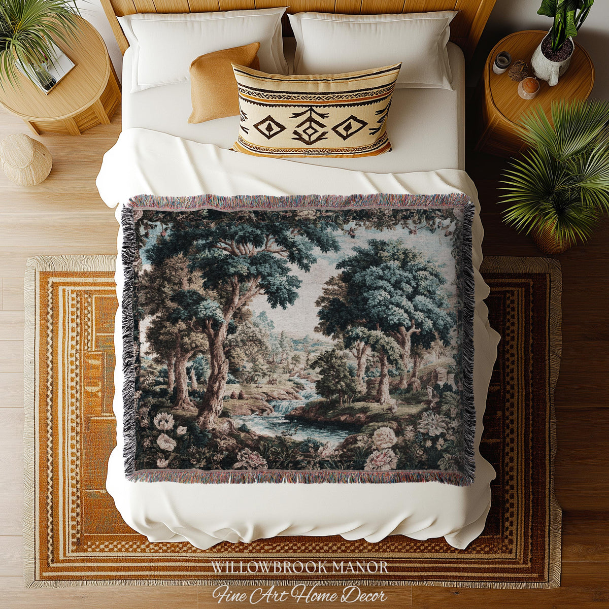 Classical European French Pastoral Scenery Aubusson Verdure Woven Tapestry Art | Floral Forest River Valley Landscape Antique Style Decor