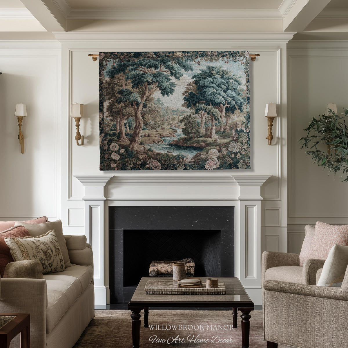 Classical European French Pastoral Scenery Aubusson Verdure Woven Tapestry Art | Floral Forest River Valley Landscape Antique Style Decor
