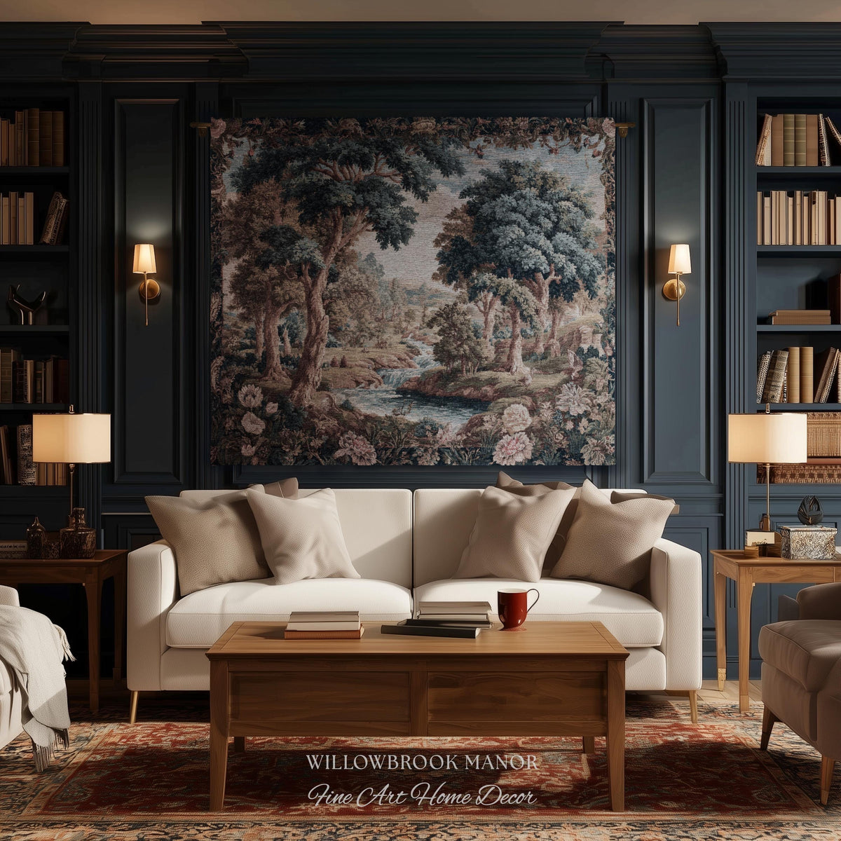 Classical European French Pastoral Scenery Aubusson Verdure Woven Tapestry Art | Floral Forest River Valley Landscape Antique Style Decor