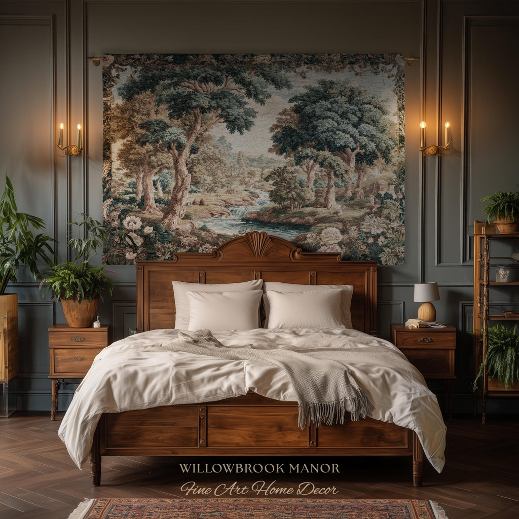 Classical European French Pastoral Scenery Aubusson Verdure Woven Tapestry Art | Floral Forest River Valley Landscape Antique Style Decor
