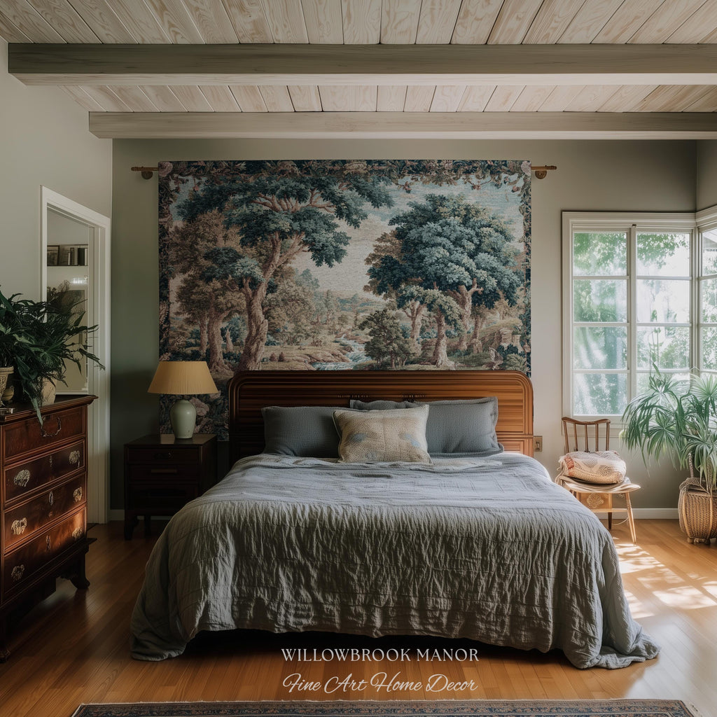 Classical European French Pastoral Scenery Aubusson Verdure Woven Tapestry Art | Floral Forest River Valley Landscape Antique Style Decor