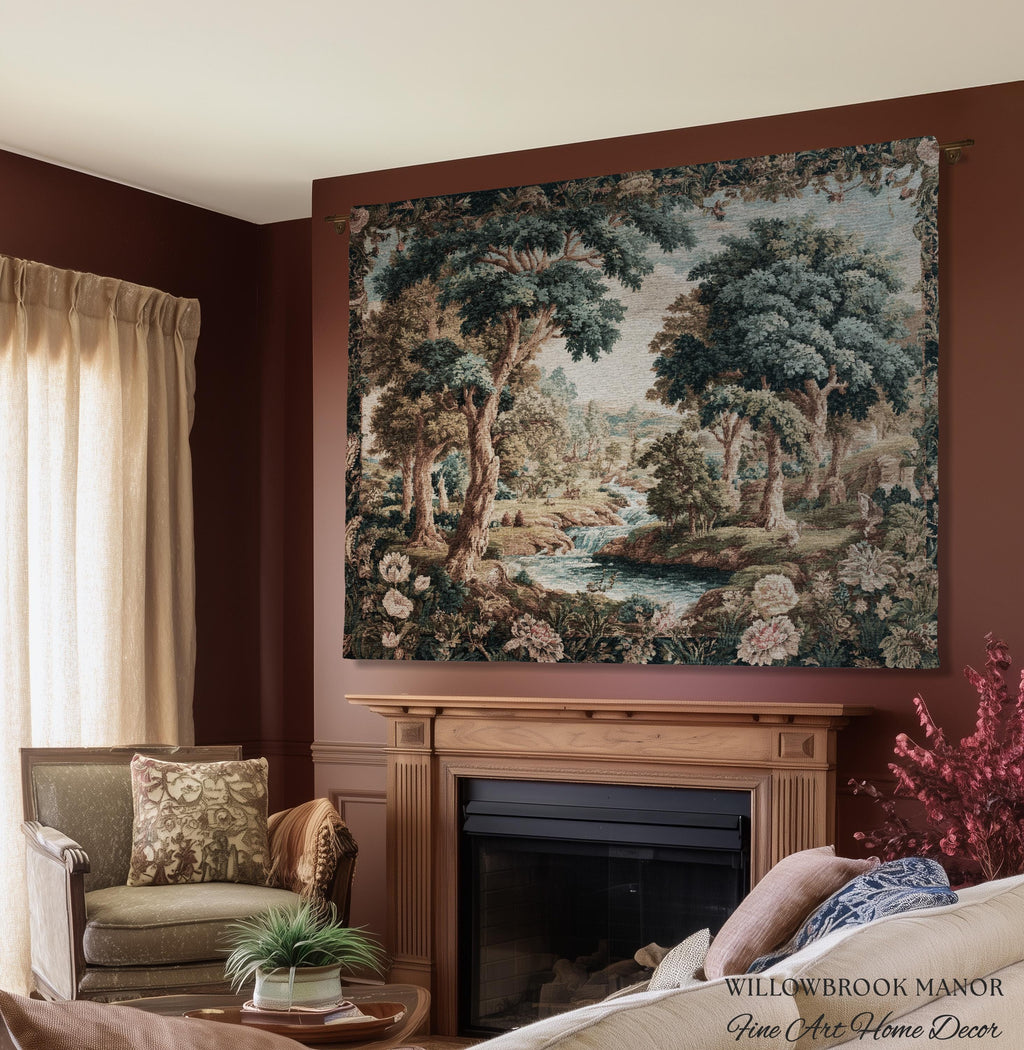 Classical European French Pastoral Scenery Aubusson Verdure Woven Tapestry Art | Floral Forest River Valley Landscape Antique Style Decor