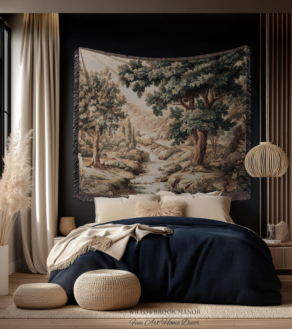 Rolling Hills Italian Countryside Old World Tapestry Woven Blanket Throw | Classical Elegance Woodland Landscape Vintage Tuscan Hillside Art