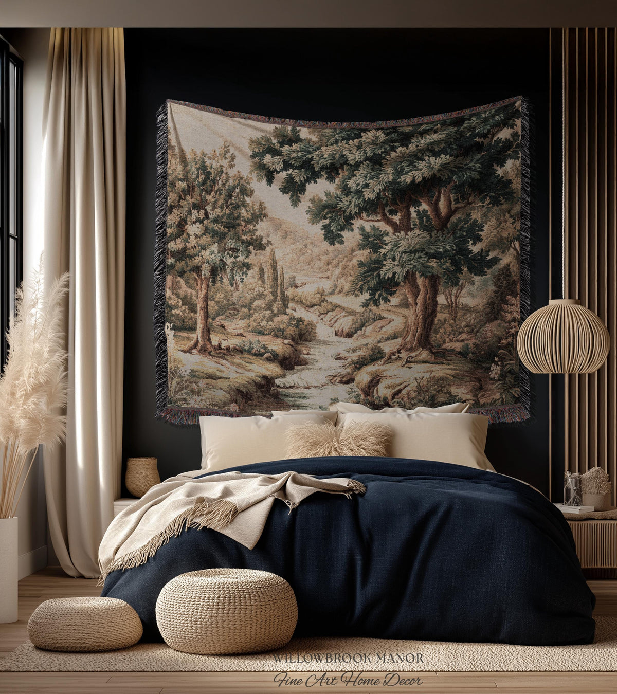 Rolling Hills Italian Countryside Old World Tapestry Woven Blanket Throw | Classical Elegance Woodland Landscape Vintage Tuscan Hillside Art