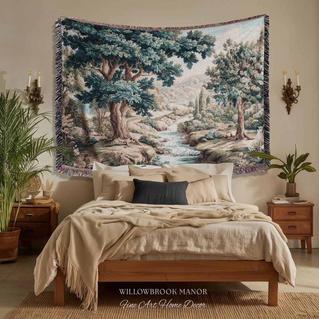 Woven Woodland Stream European Pastoral Verdure Tapestry Wall Art |Timeless Romantic Jacquard Weaving Throw Blanket Tranquil Countryside Art