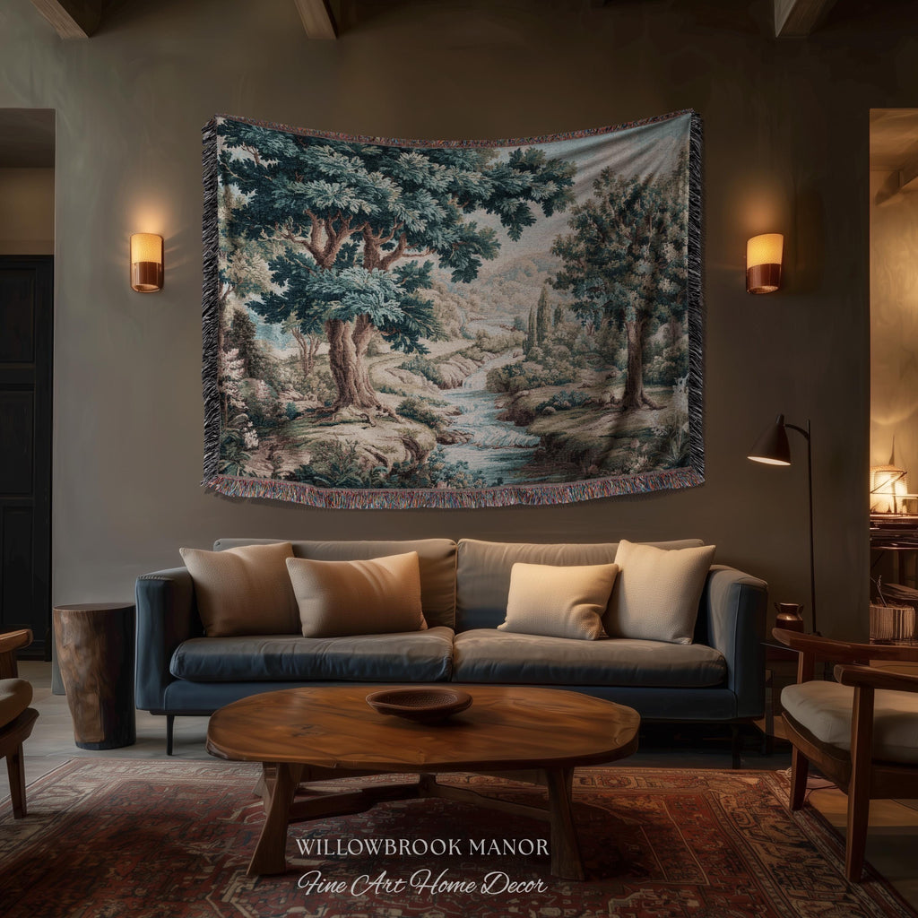 Woven Woodland Stream European Pastoral Verdure Tapestry Wall Art |Timeless Romantic Jacquard Weaving Throw Blanket Tranquil Countryside Art