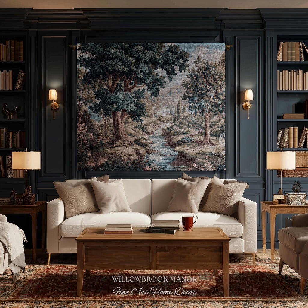 Woven Woodland Stream European Pastoral Verdure Tapestry Wall Art |Timeless Romantic Jacquard Weaving Throw Blanket Tranquil Countryside Art