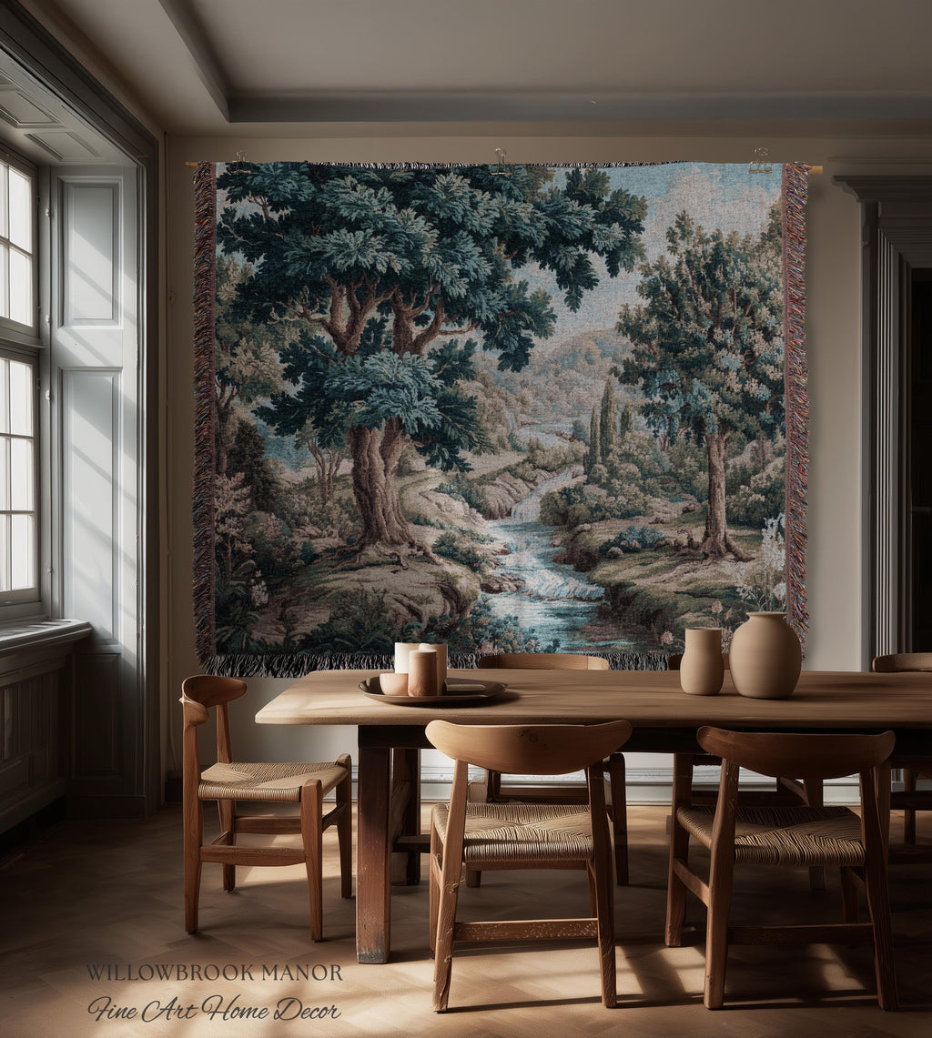 Woven Woodland Stream European Pastoral Verdure Tapestry Wall Art |Timeless Romantic Jacquard Weaving Throw Blanket Tranquil Countryside Art
