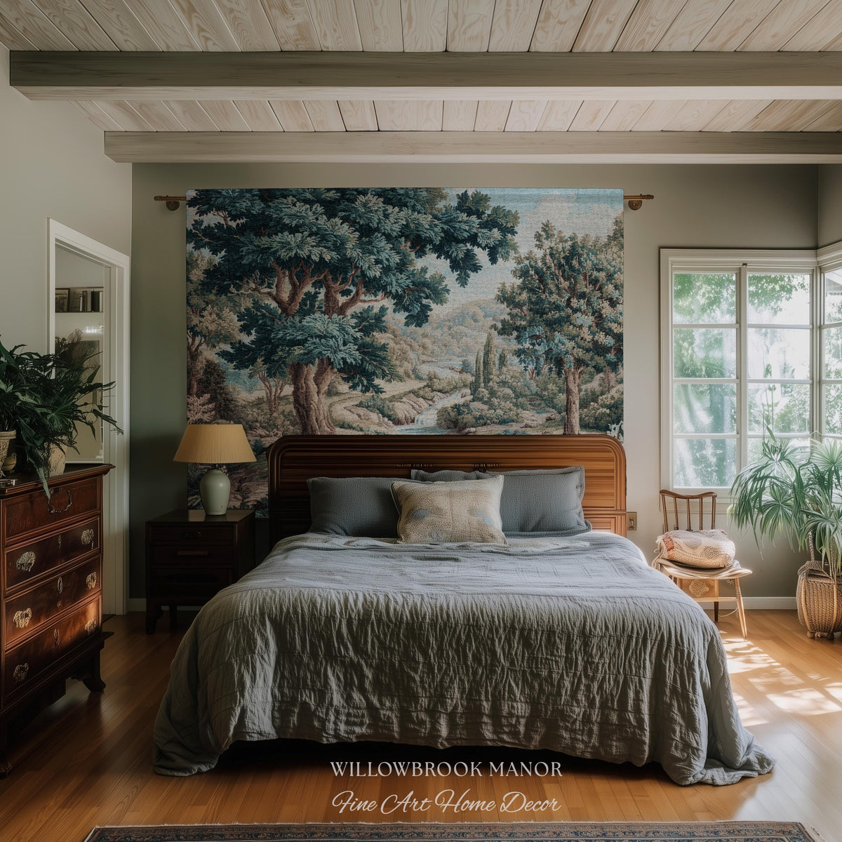 Woven Woodland Stream European Pastoral Verdure Tapestry Wall Art |Timeless Romantic Jacquard Weaving Throw Blanket Tranquil Countryside Art