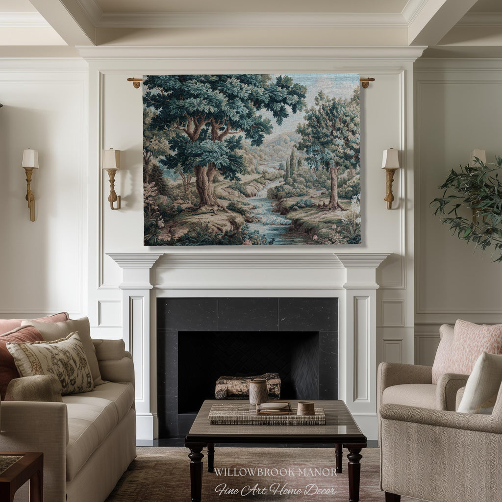 Woven Woodland Stream European Pastoral Verdure Tapestry Wall Art |Timeless Romantic Jacquard Weaving Throw Blanket Tranquil Countryside Art