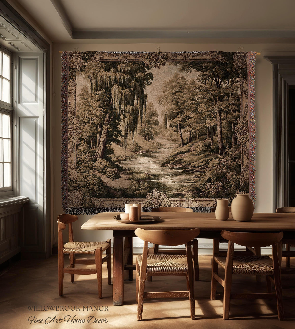 Rustic Elegance Willow Tree Landscape River Scene Tapestry Peaceful Blanket Throw | Antique European Art Woven Verdure Pastoral Wall Decor