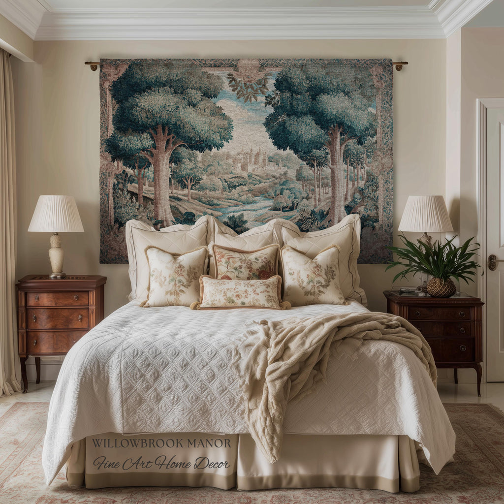 Quiet Elegance Scenic Vista Castle Tapestry Woven Wall Hanging | Historic Pastoral European Countryside Traditional Jacquard Throw Blanket