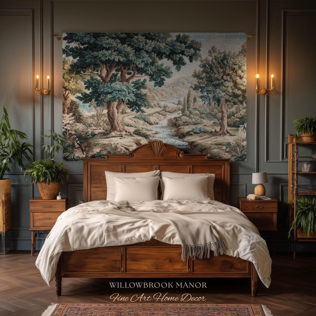 Woven Woodland Stream European Pastoral Verdure Tapestry Wall Art |Timeless Romantic Jacquard Weaving Throw Blanket Tranquil Countryside Art