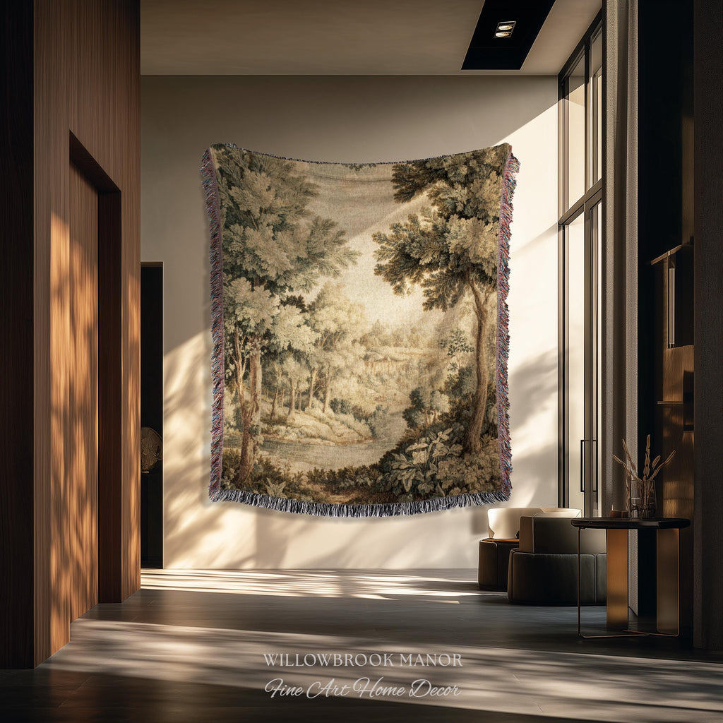 Soft Nature Tapestry Pastoral Wall Art Riverbank Scene 18th Century Decor | Muted Green Landscape Verdure Tapestries Scenic Woven Blanket