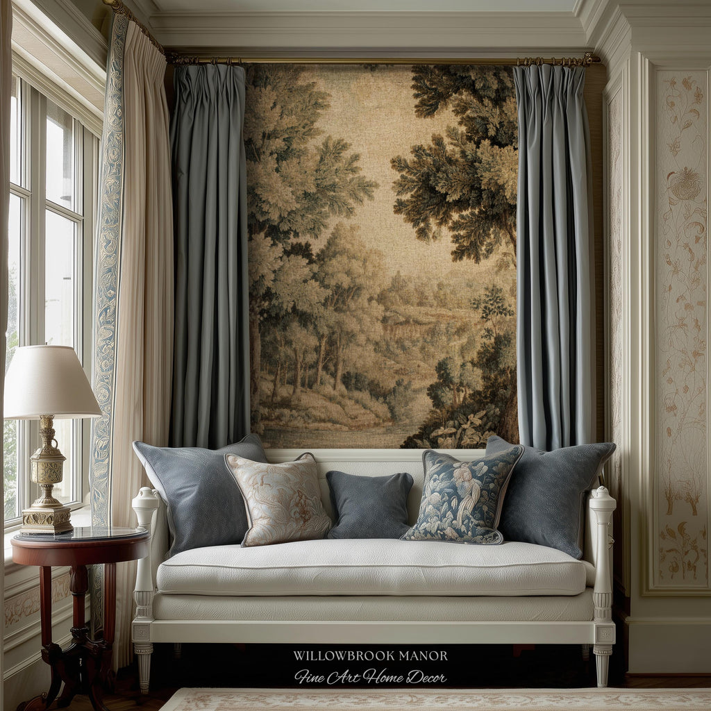 Soft Nature Tapestry Pastoral Wall Art Riverbank Scene 18th Century Decor | Muted Green Landscape Verdure Tapestries Scenic Woven Blanket