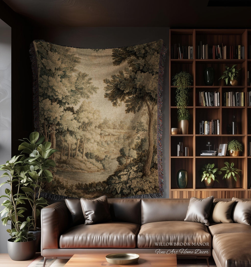 Soft Nature Tapestry Pastoral Wall Art Riverbank Scene 18th Century Decor | Muted Green Landscape Verdure Tapestries Scenic Woven Blanket