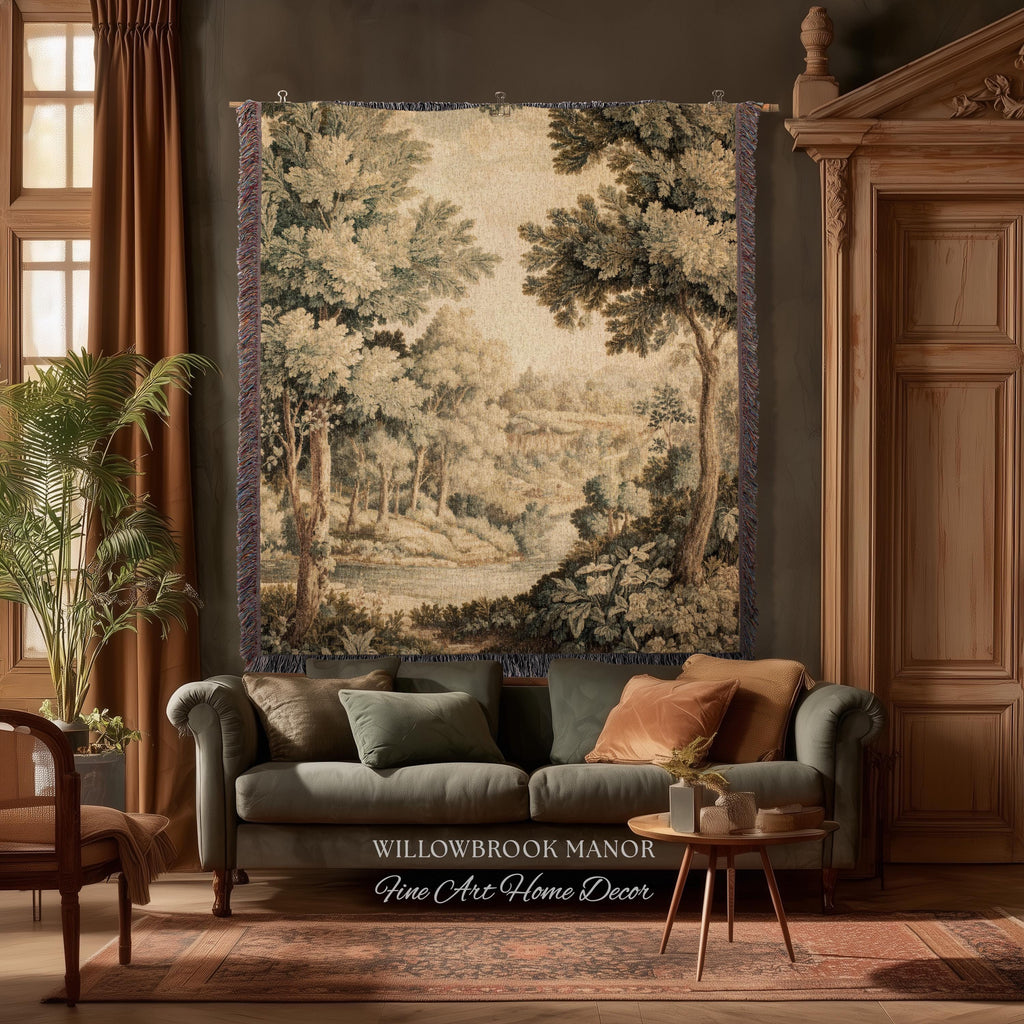Soft Nature Tapestry Pastoral Wall Art Riverbank Scene 18th Century Decor | Muted Green Landscape Verdure Tapestries Scenic Woven Blanket