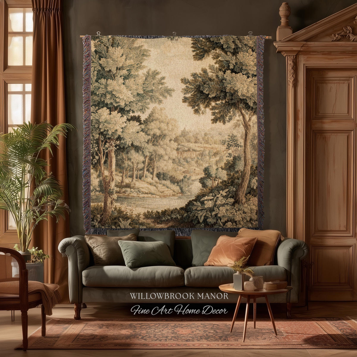 Soft Nature Tapestry Pastoral Wall Art Riverbank Scene 18th Century Decor | Muted Green Landscape Verdure Tapestries Scenic Woven Blanket