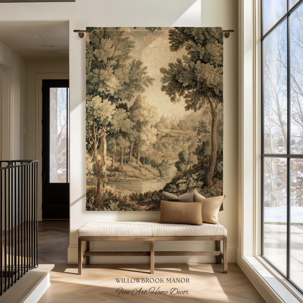 Soft Nature Tapestry Pastoral Wall Art Riverbank Scene 18th Century Decor | Muted Green Landscape Verdure Tapestries Scenic Woven Blanket