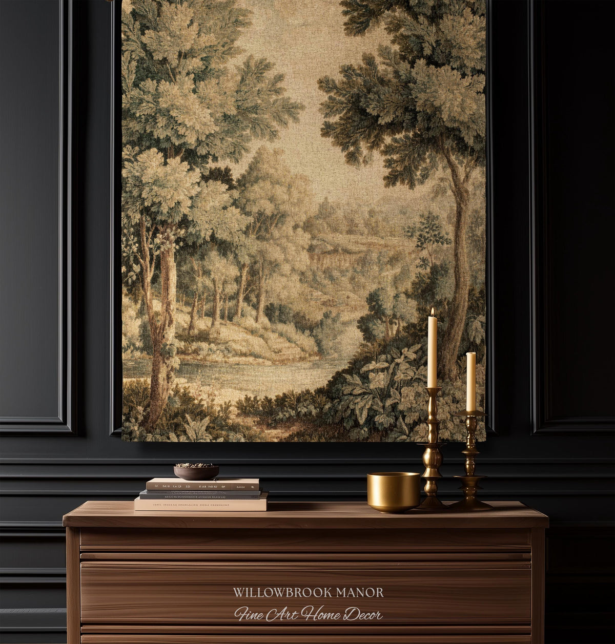 Soft Nature Tapestry Pastoral Wall Art Riverbank Scene 18th Century Decor | Muted Green Landscape Verdure Tapestries Scenic Woven Blanket