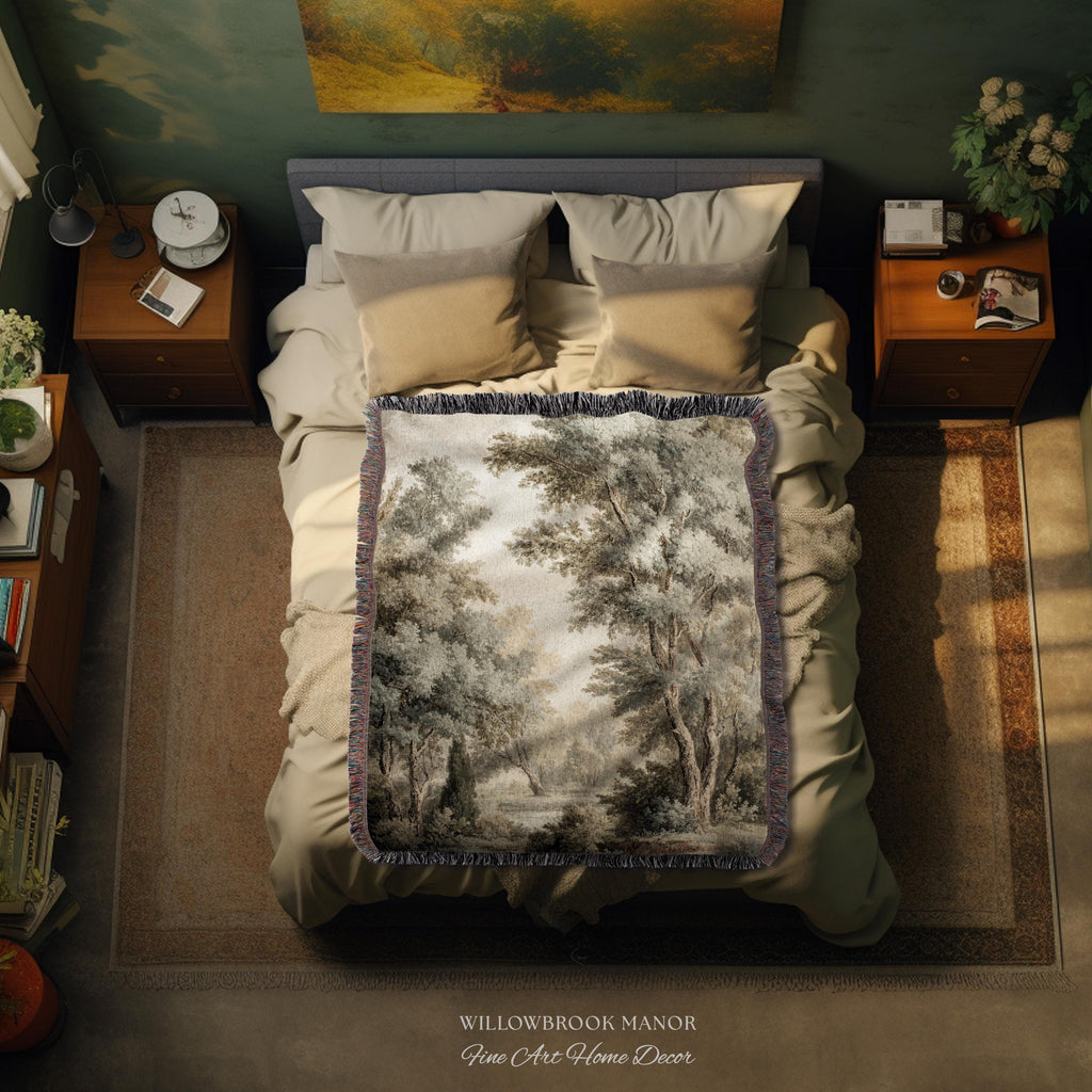 Old World Style Misty Woodland Decor Woven Tapestry Throw, English Countryside Home Textiles Peaceful Nature Neutral Forest Art Wall Hanging