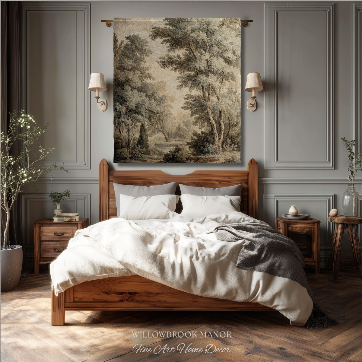 Old World Style Misty Woodland Decor Woven Tapestry Throw, English Countryside Home Textiles Peaceful Nature Neutral Forest Art Wall Hanging
