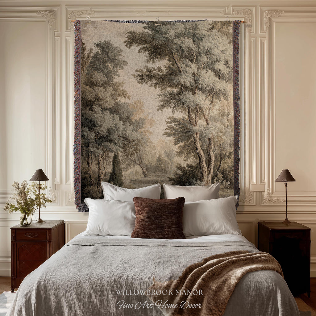 Old World Style Misty Woodland Decor Woven Tapestry Throw, English Countryside Home Textiles Peaceful Nature Neutral Forest Art Wall Hanging