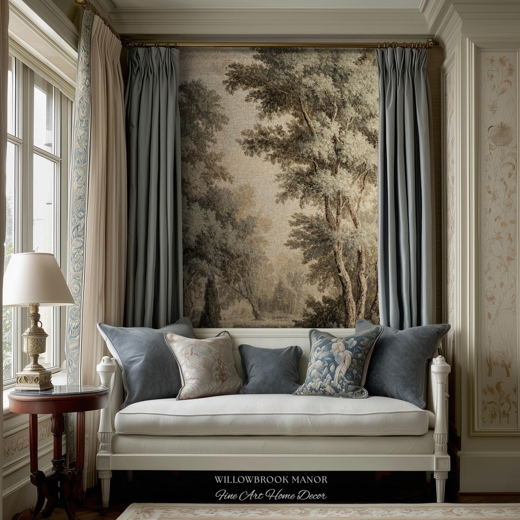 Old World Style Misty Woodland Decor Woven Tapestry Throw, English Countryside Home Textiles Peaceful Nature Neutral Forest Art Wall Hanging