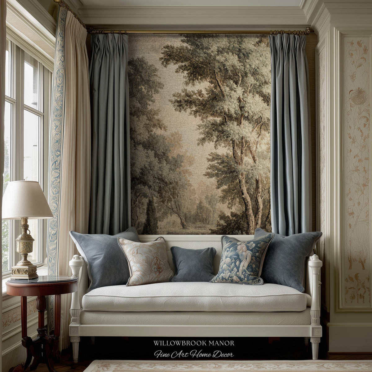 Old World Style Misty Woodland Decor Woven Tapestry Throw, English Countryside Home Textiles Peaceful Nature Neutral Forest Art Wall Hanging