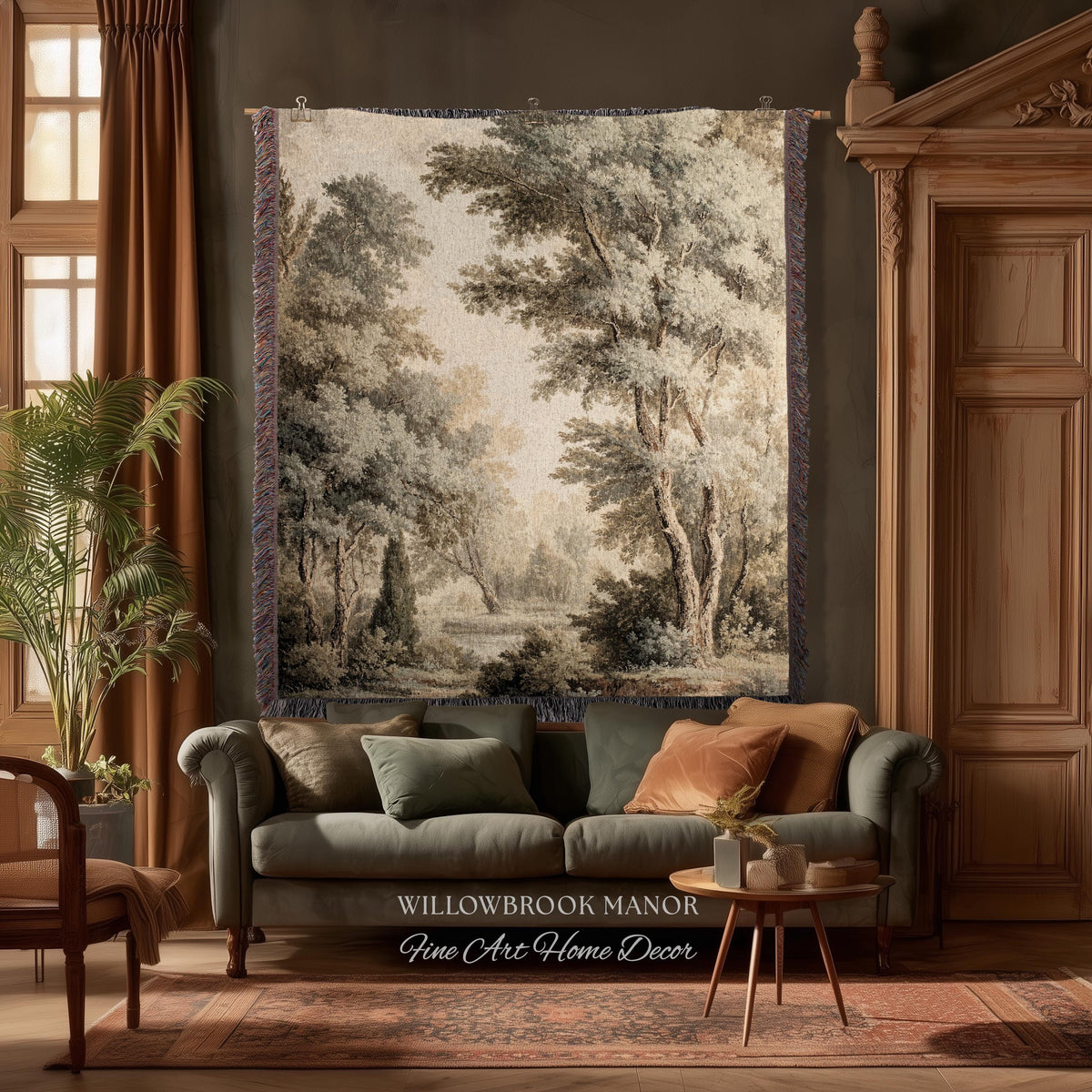 Old World Style Misty Woodland Decor Woven Tapestry Throw, English Countryside Home Textiles Peaceful Nature Neutral Forest Art Wall Hanging