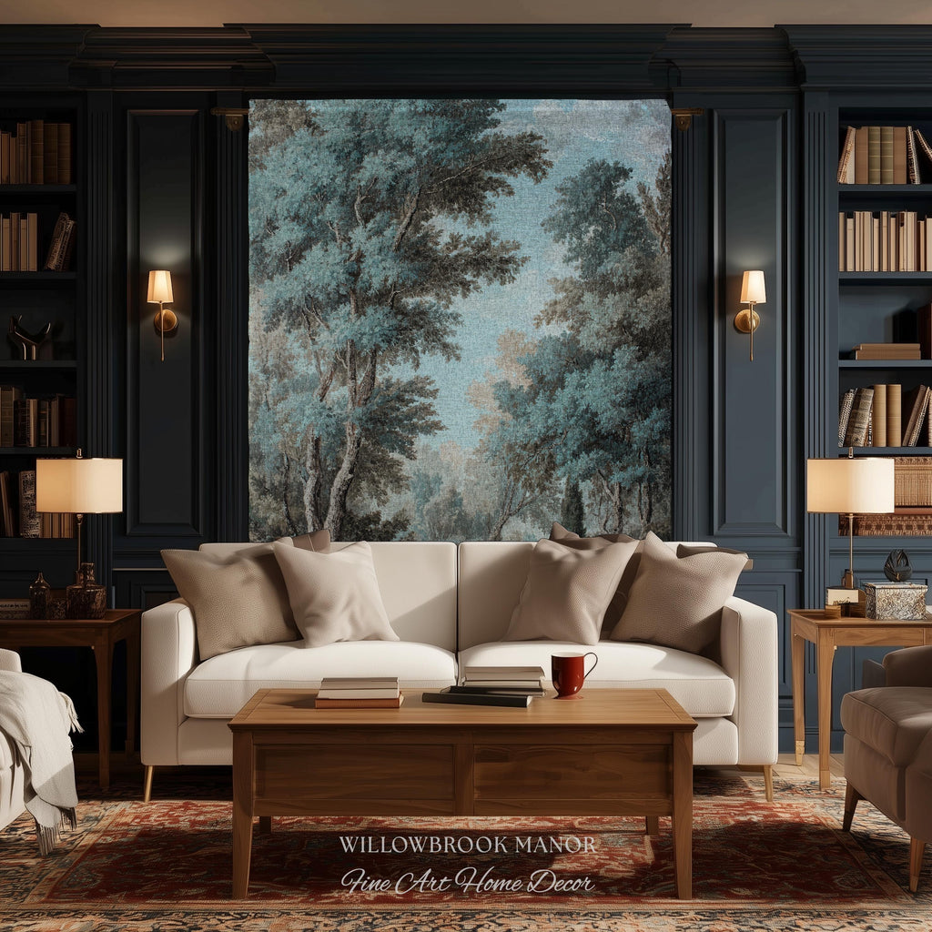 Lakeside Blue Verdure Classical Woven Tapestry Cool Tone Serene Nature Scene Art, Woodland Sky Meadow Landscape Jacquard Woven Throw Blanket