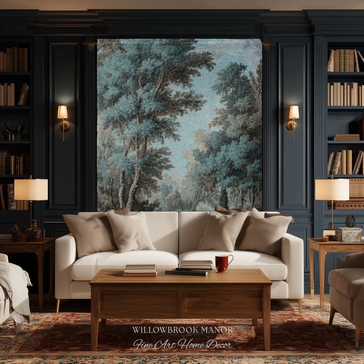 Lakeside Blue Verdure Classical Woven Tapestry Cool Tone Serene Nature Scene Art, Woodland Sky Meadow Landscape Jacquard Woven Throw Blanket