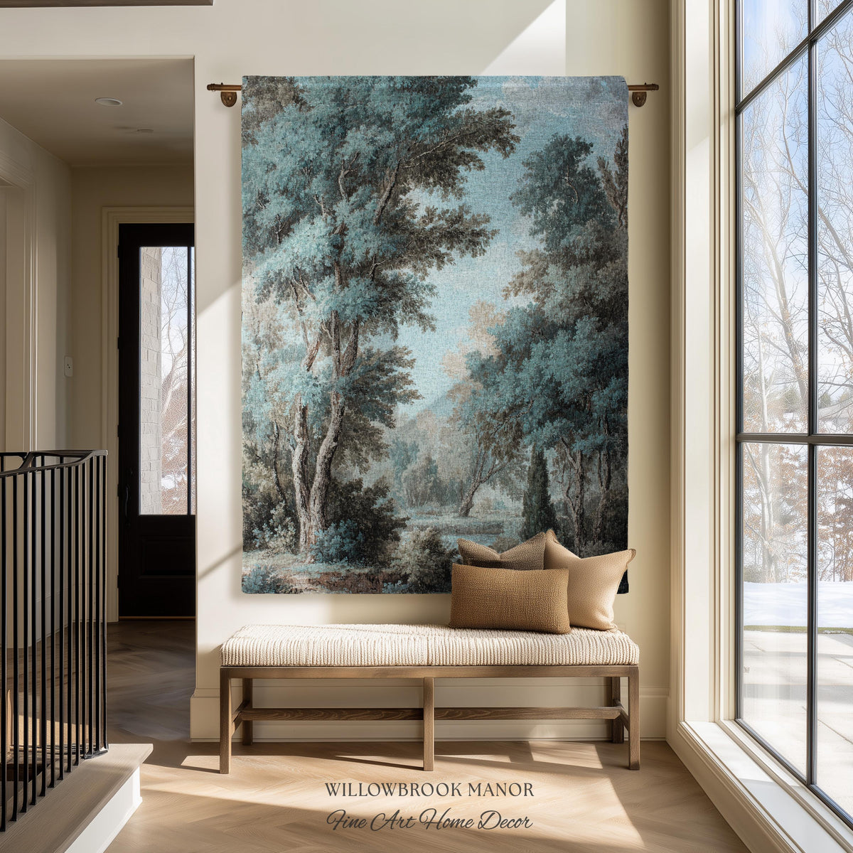Lakeside Blue Verdure Classical Woven Tapestry Cool Tone Serene Nature Scene Art, Woodland Sky Meadow Landscape Jacquard Woven Throw Blanket