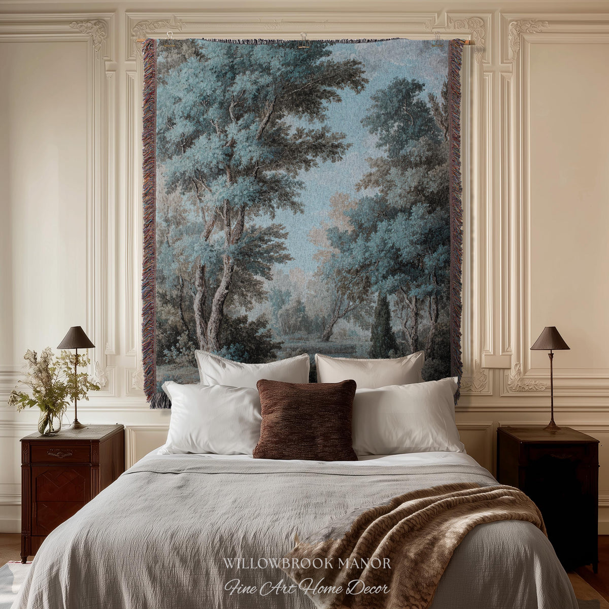 Lakeside Blue Verdure Classical Woven Tapestry Cool Tone Serene Nature Scene Art, Woodland Sky Meadow Landscape Jacquard Woven Throw Blanket