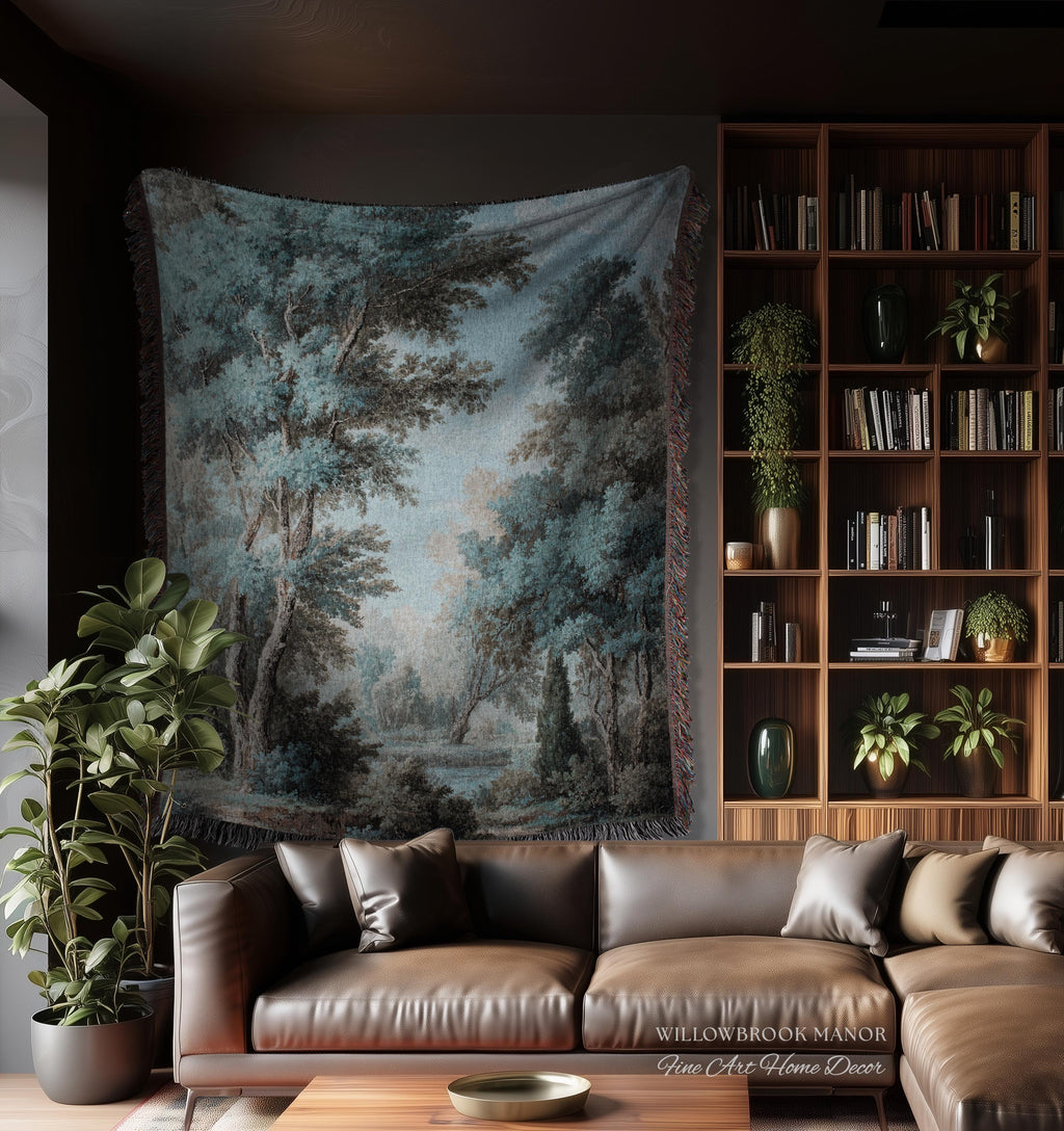 Lakeside Blue Verdure Classical Woven Tapestry Cool Tone Serene Nature Scene Art, Woodland Sky Meadow Landscape Jacquard Woven Throw Blanket