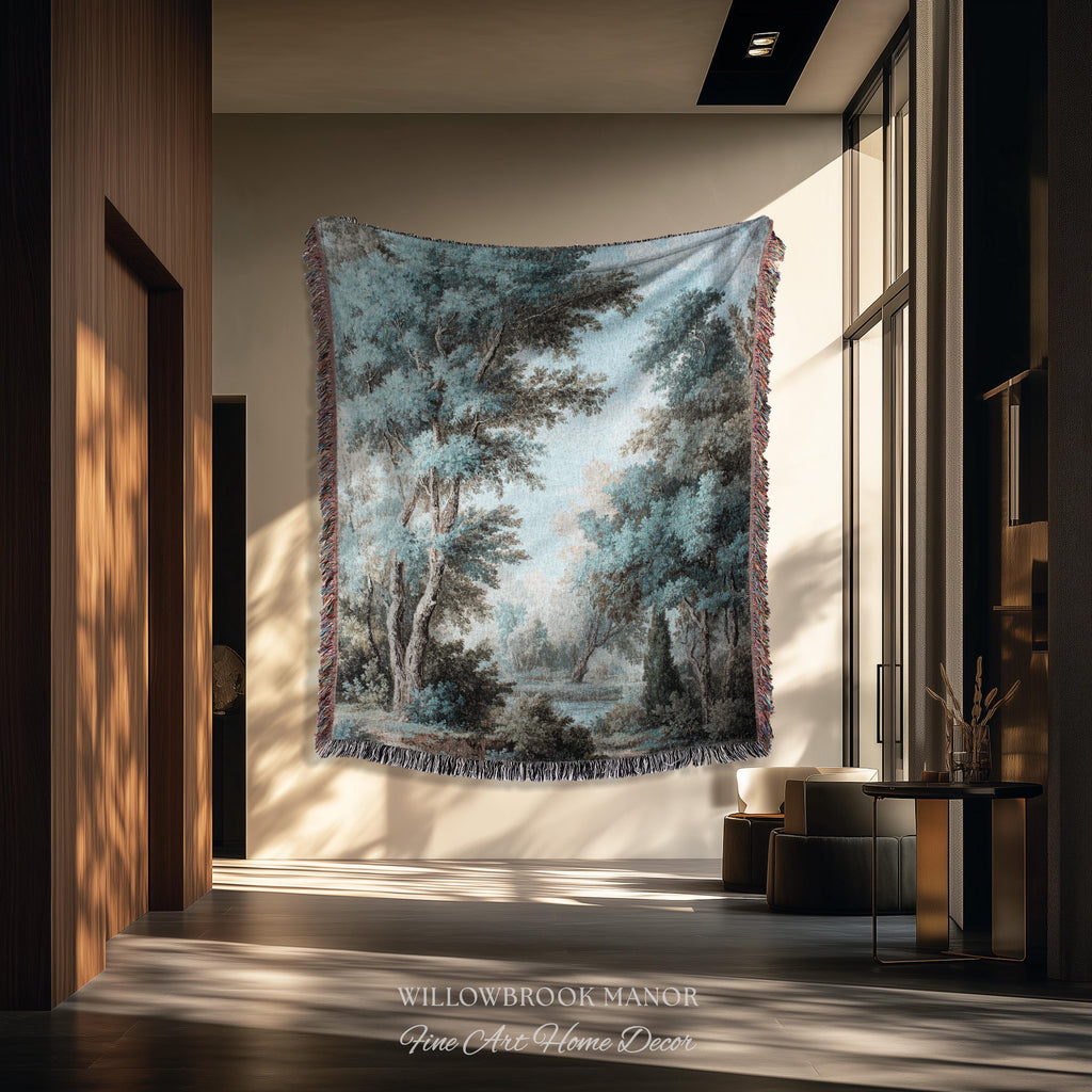 Lakeside Blue Verdure Classical Woven Tapestry Cool Tone Serene Nature Scene Art, Woodland Sky Meadow Landscape Jacquard Woven Throw Blanket