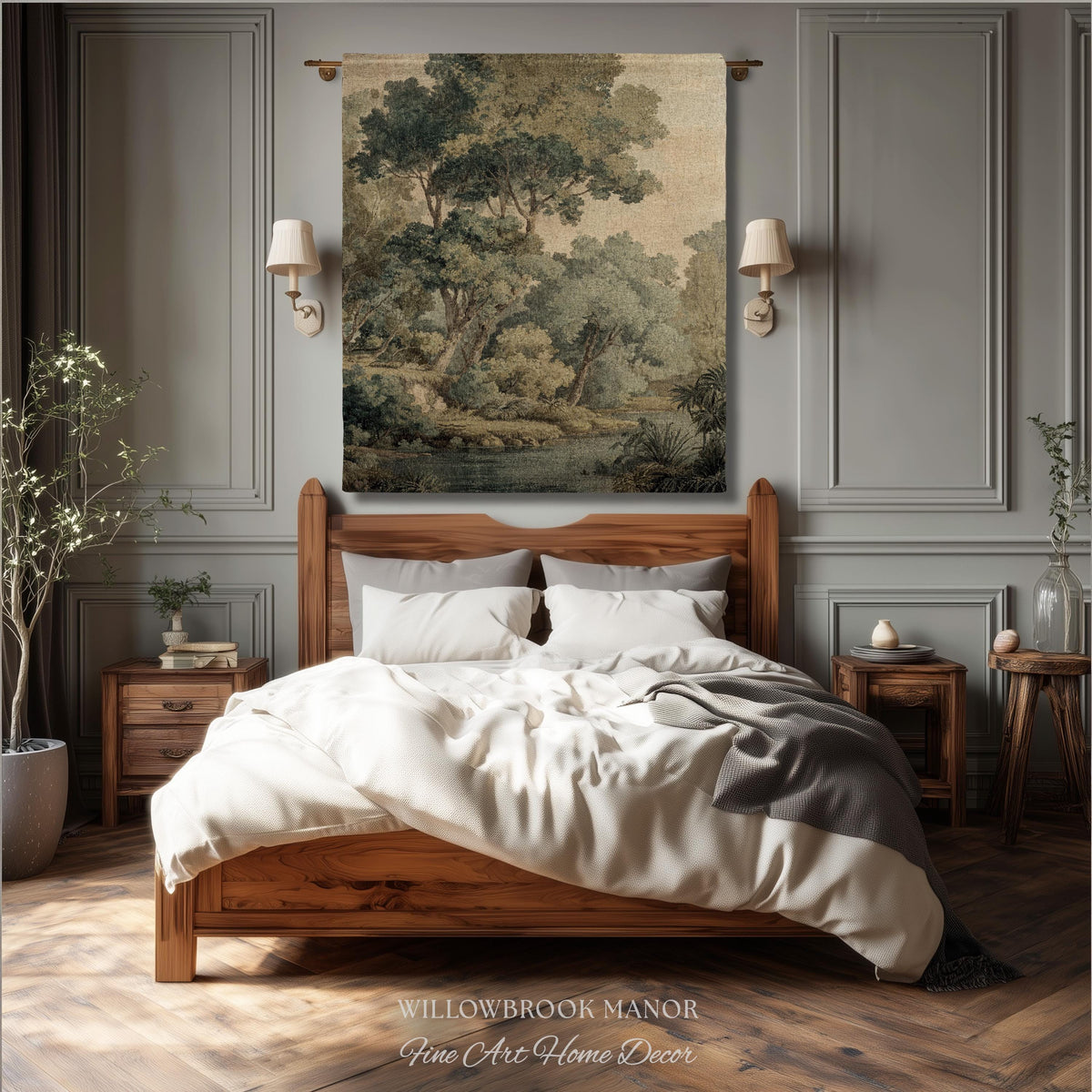 Serene Nature Scene Woven Tapestry Throw European Textile Art, Misty Woodland Art Elegant Earth Tone Forest Wall Hanging Heritage Home Decor