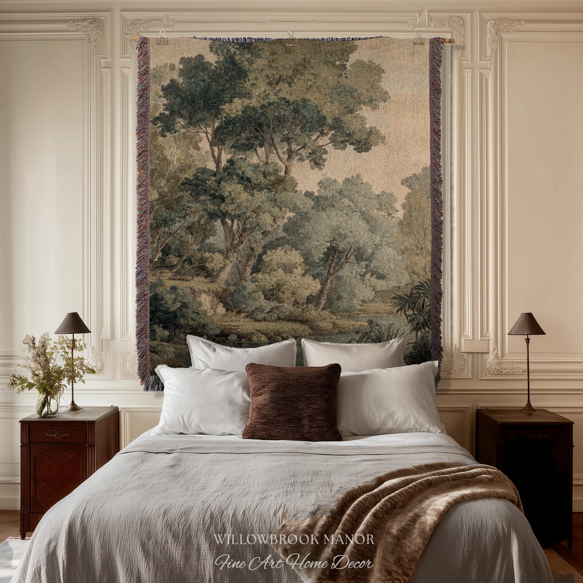 Serene Nature Scene Woven Tapestry Throw European Textile Art, Misty Woodland Art Elegant Earth Tone Forest Wall Hanging Heritage Home Decor