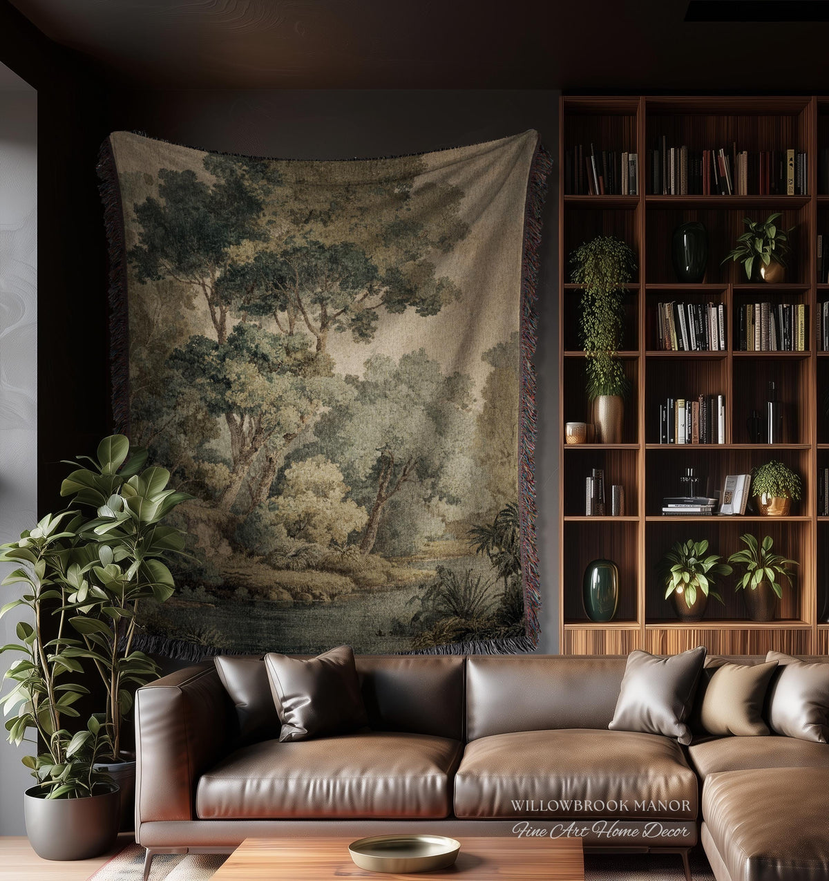 Serene Nature Scene Woven Tapestry Throw European Textile Art, Misty Woodland Art Elegant Earth Tone Forest Wall Hanging Heritage Home Decor