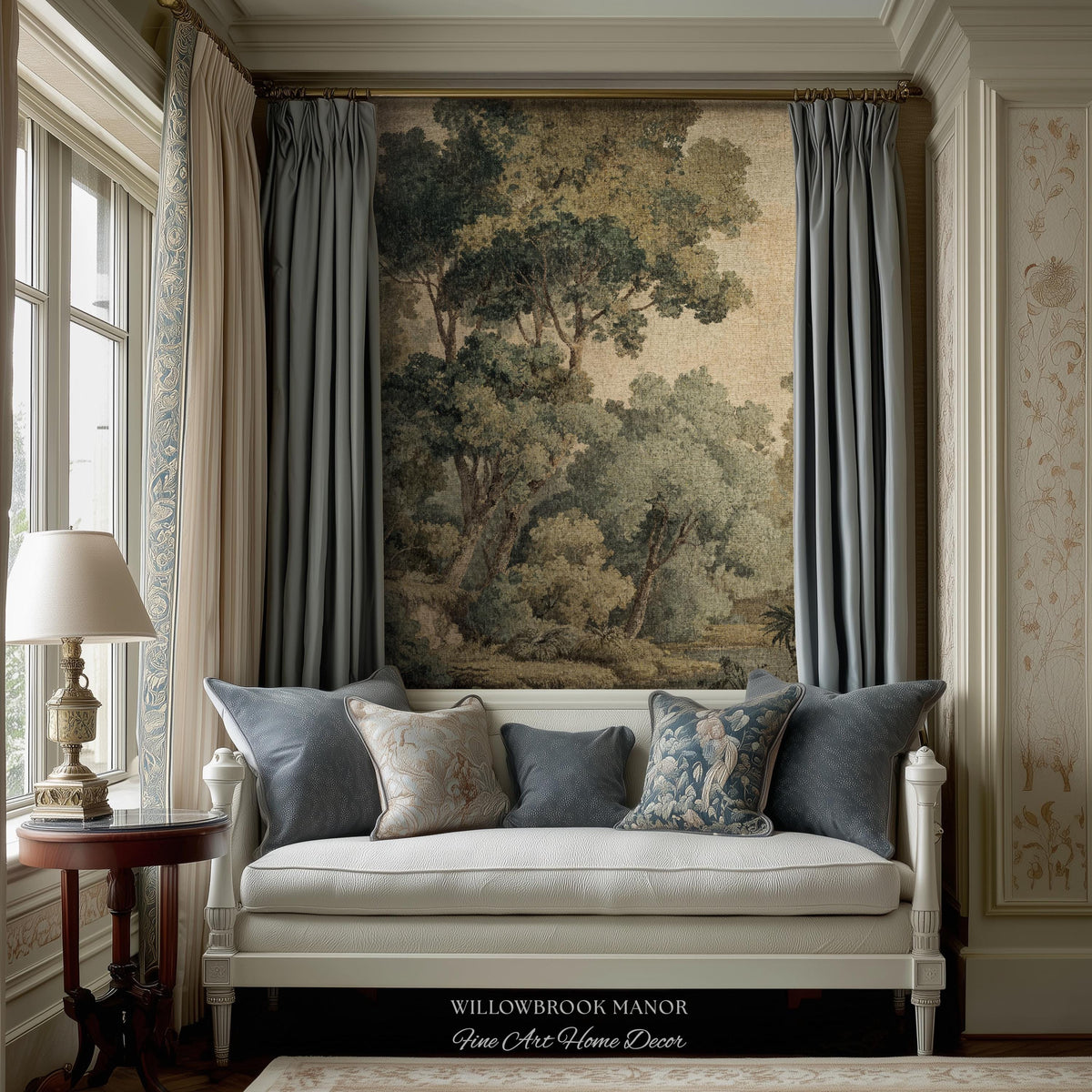 Serene Nature Scene Woven Tapestry Throw European Textile Art, Misty Woodland Art Elegant Earth Tone Forest Wall Hanging Heritage Home Decor