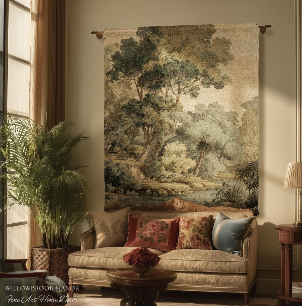 Serene Nature Scene Woven Tapestry Throw European Textile Art, Misty Woodland Art Elegant Earth Tone Forest Wall Hanging Heritage Home Decor