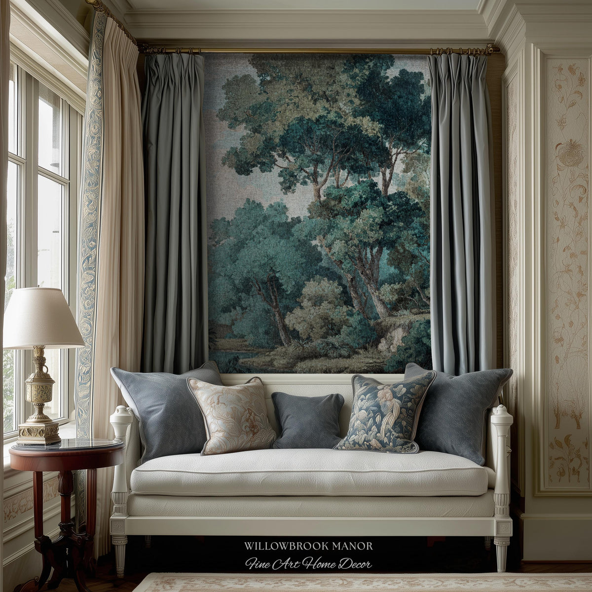 Hidden Grove Teal Blue Woven Tapestry | Romantic Waterside Landscape Serene Coastal Forest Throw Blanket Woodland Jacquard Tonalist Artwork