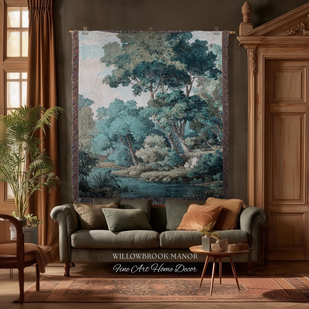Hidden Grove Teal Blue Woven Tapestry | Romantic Waterside Landscape Serene Coastal Forest Throw Blanket Woodland Jacquard Tonalist Artwork