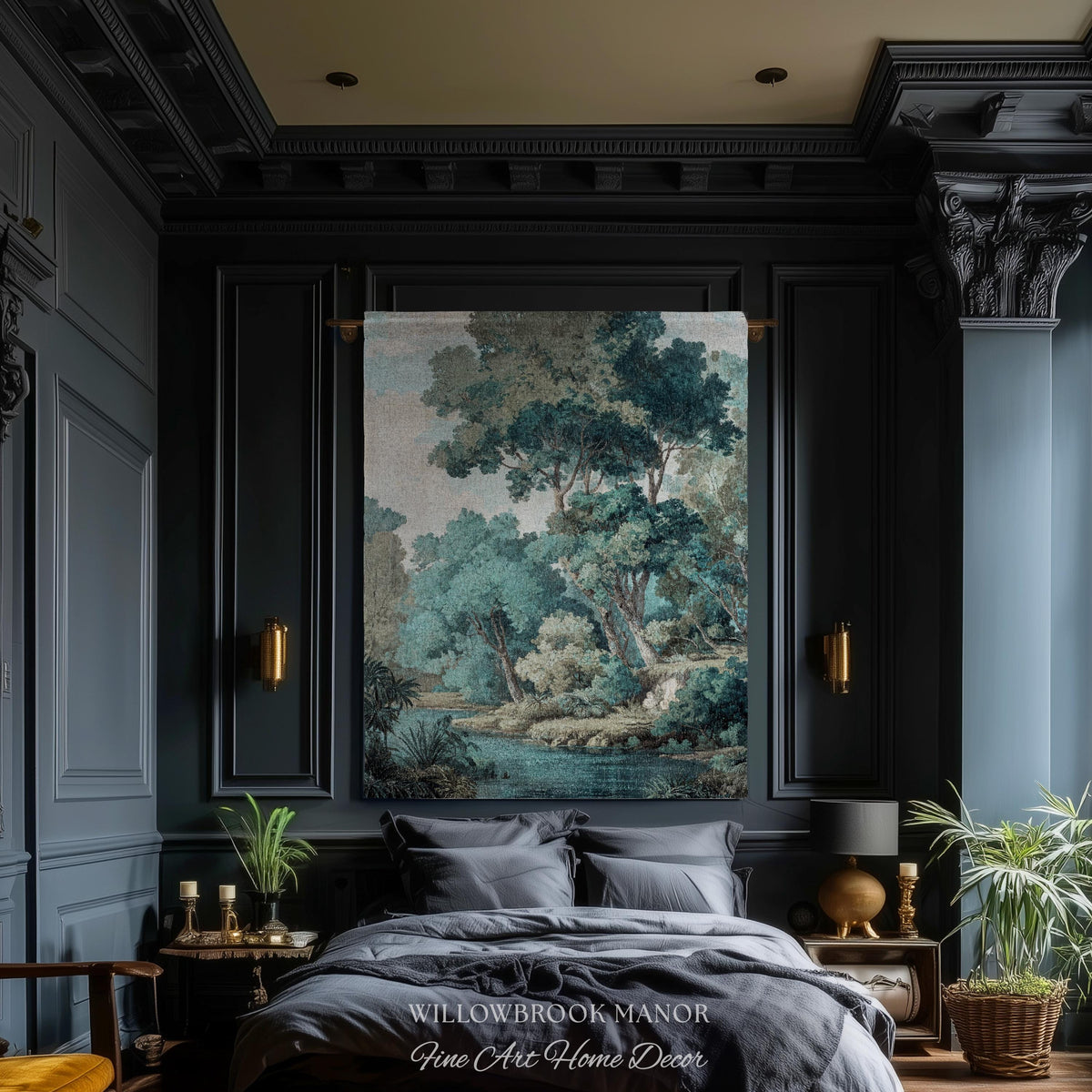 Hidden Grove Teal Blue Woven Tapestry | Romantic Waterside Landscape Serene Coastal Forest Throw Blanket Woodland Jacquard Tonalist Artwork