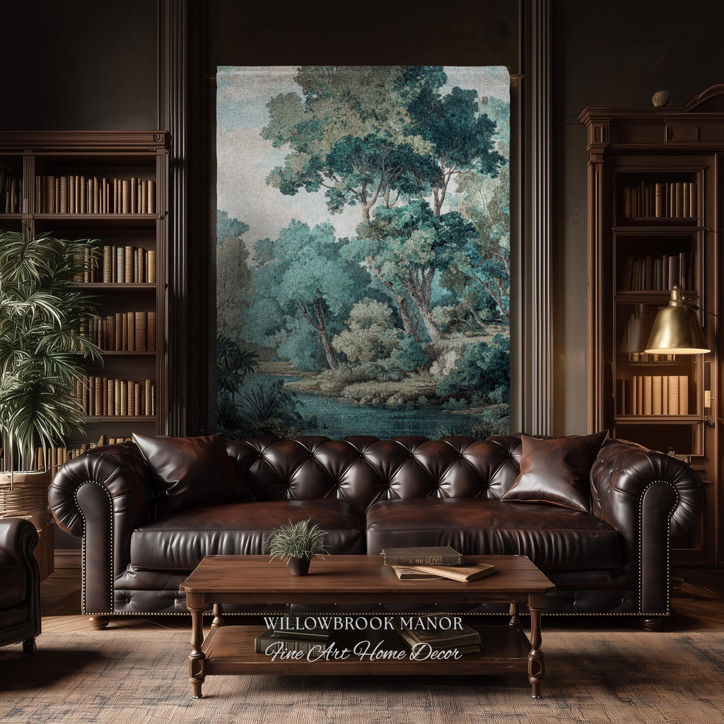 Hidden Grove Teal Blue Woven Tapestry | Romantic Waterside Landscape Serene Coastal Forest Throw Blanket Woodland Jacquard Tonalist Artwork