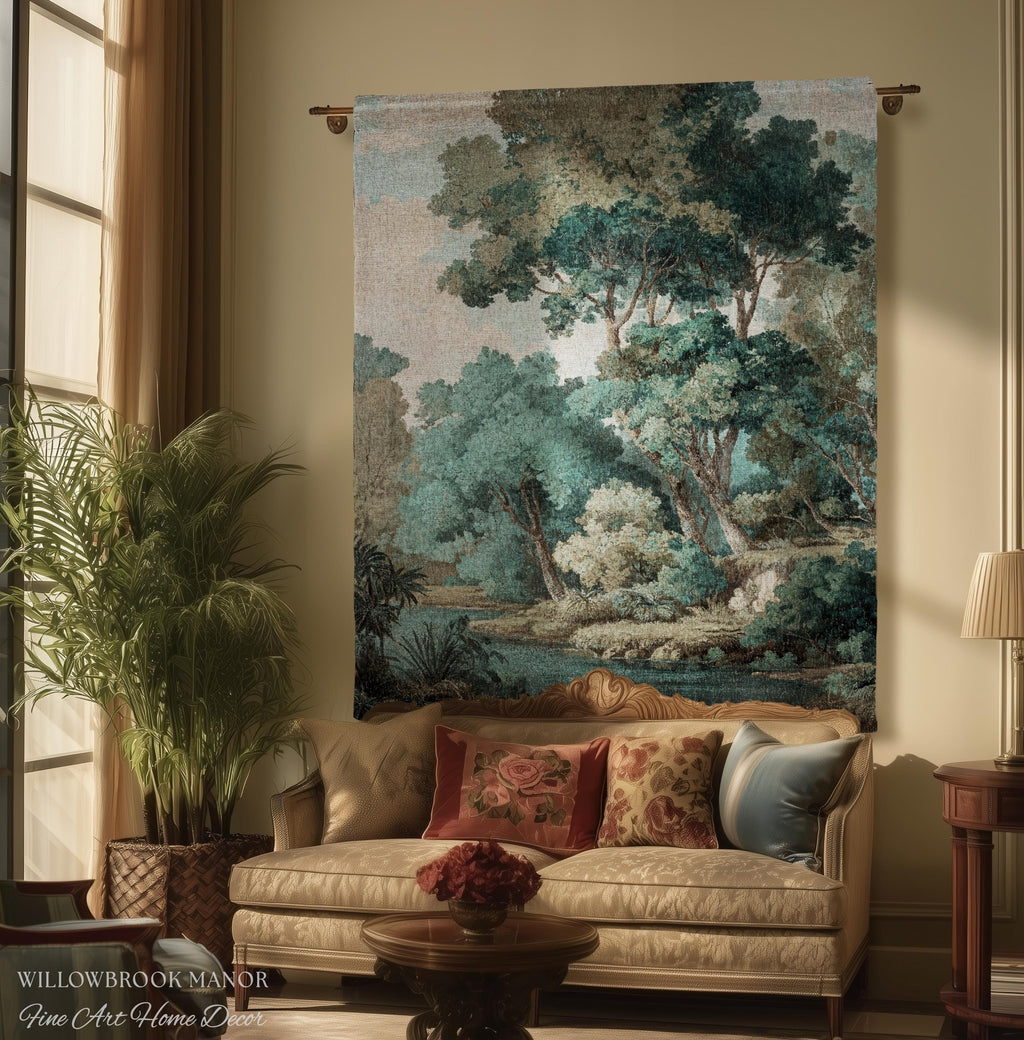 Hidden Grove Teal Blue Woven Tapestry | Romantic Waterside Landscape Serene Coastal Forest Throw Blanket Woodland Jacquard Tonalist Artwork