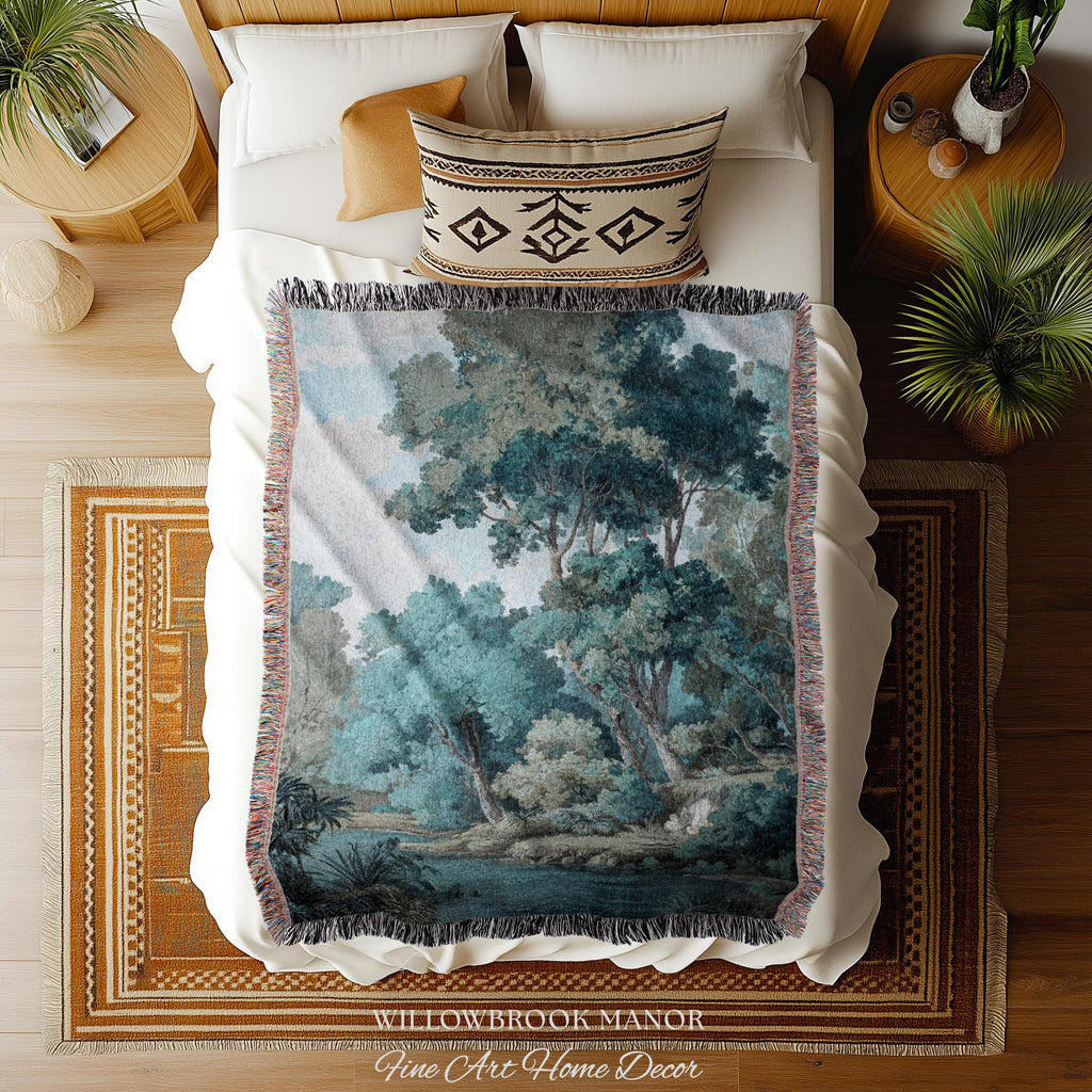 Hidden Grove Teal Blue Woven Tapestry | Romantic Waterside Landscape Serene Coastal Forest Throw Blanket Woodland Jacquard Tonalist Artwork